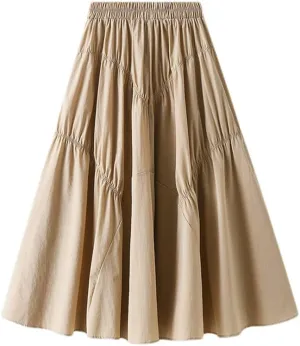 Youllyuu Elastic Waist A Line Skirt Shirring Long Summer Midi Skirts