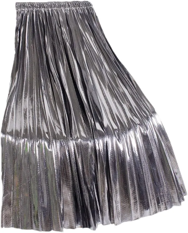 Youllyuu Elastic Waist Midi Skirt Women High Waist Silver Gold Solid Color Pleated Skirt