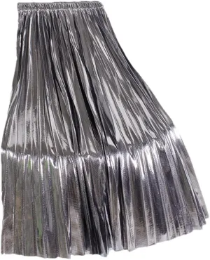 Youllyuu Elastic Waist Midi Skirt Women High Waist Silver Gold Solid Color Pleated Skirt