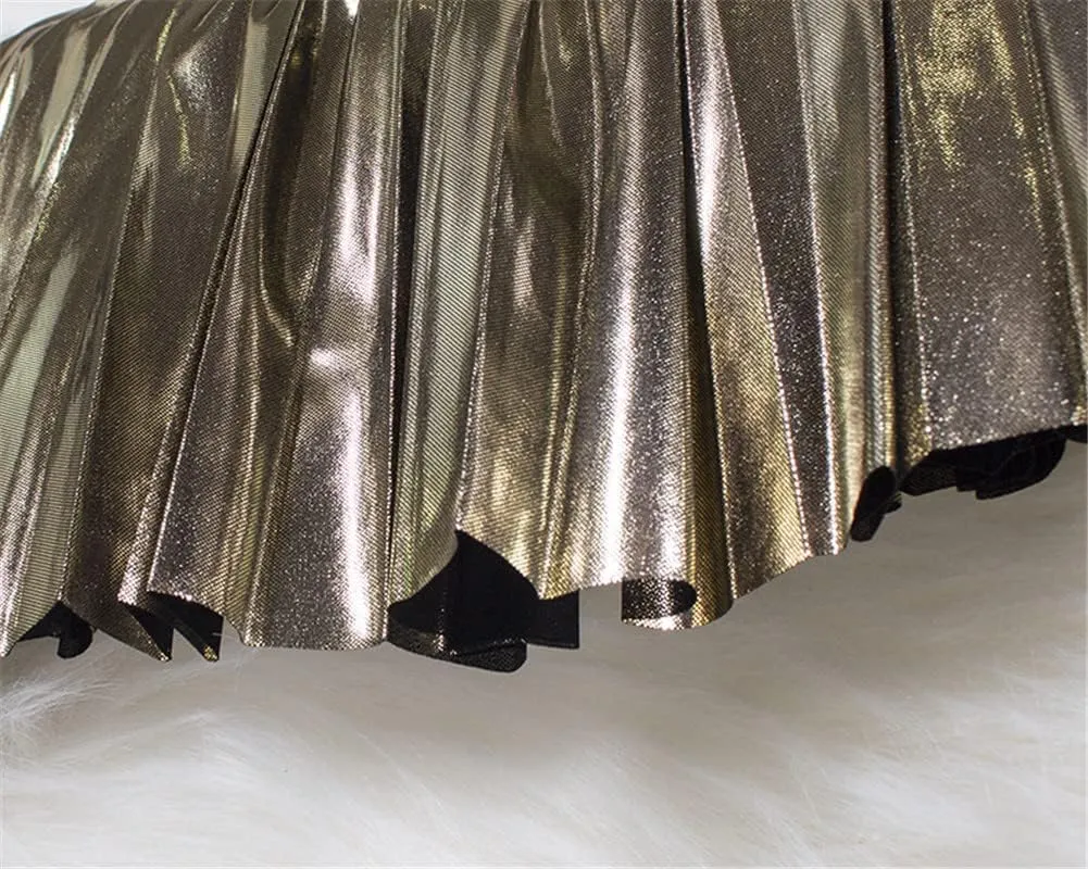 Youllyuu Elastic Waist Midi Skirt Women High Waist Silver Gold Solid Color Pleated Skirt