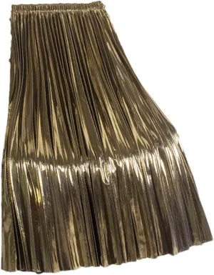 Youllyuu Elastic Waist Midi Skirt Women High Waist Silver Gold Solid Color Pleated Skirt