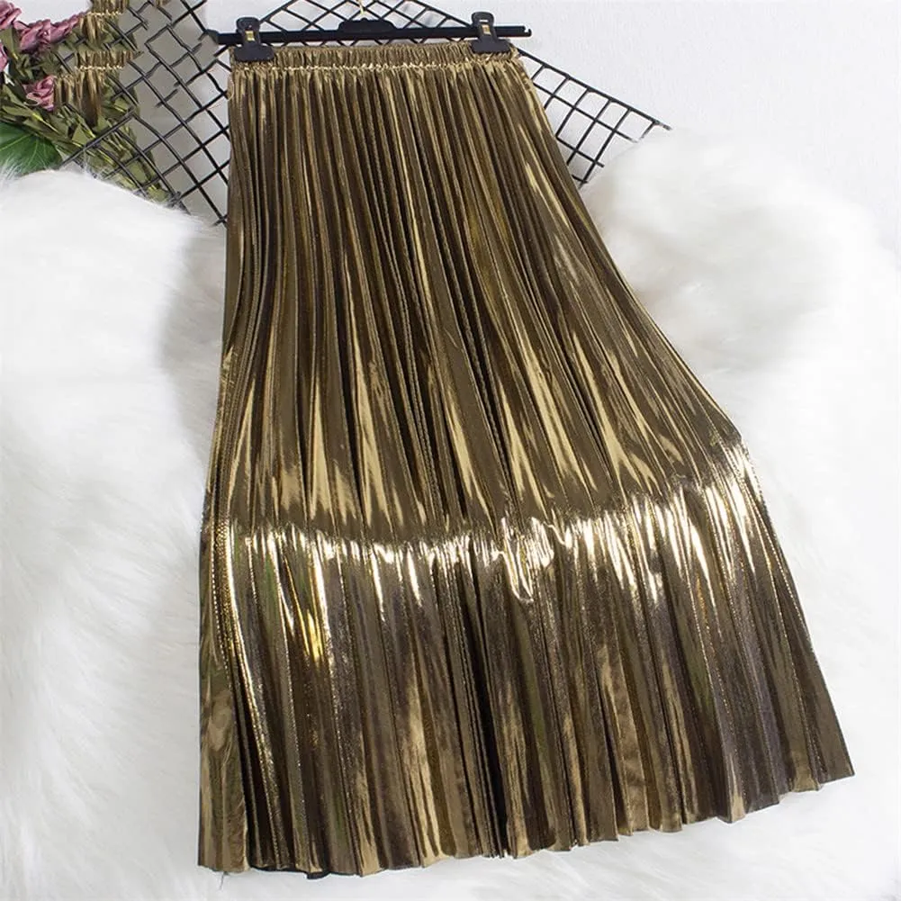 Youllyuu Elastic Waist Midi Skirt Women High Waist Silver Gold Solid Color Pleated Skirt