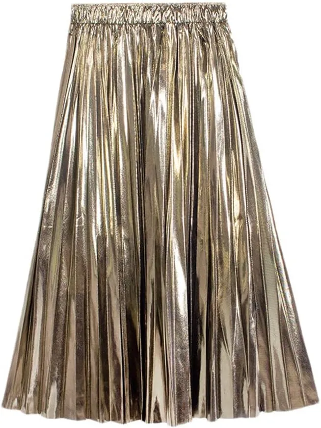 Youllyuu Elastic Waist Midi Skirt Women High Waist Silver Gold Solid Color Pleated Skirt