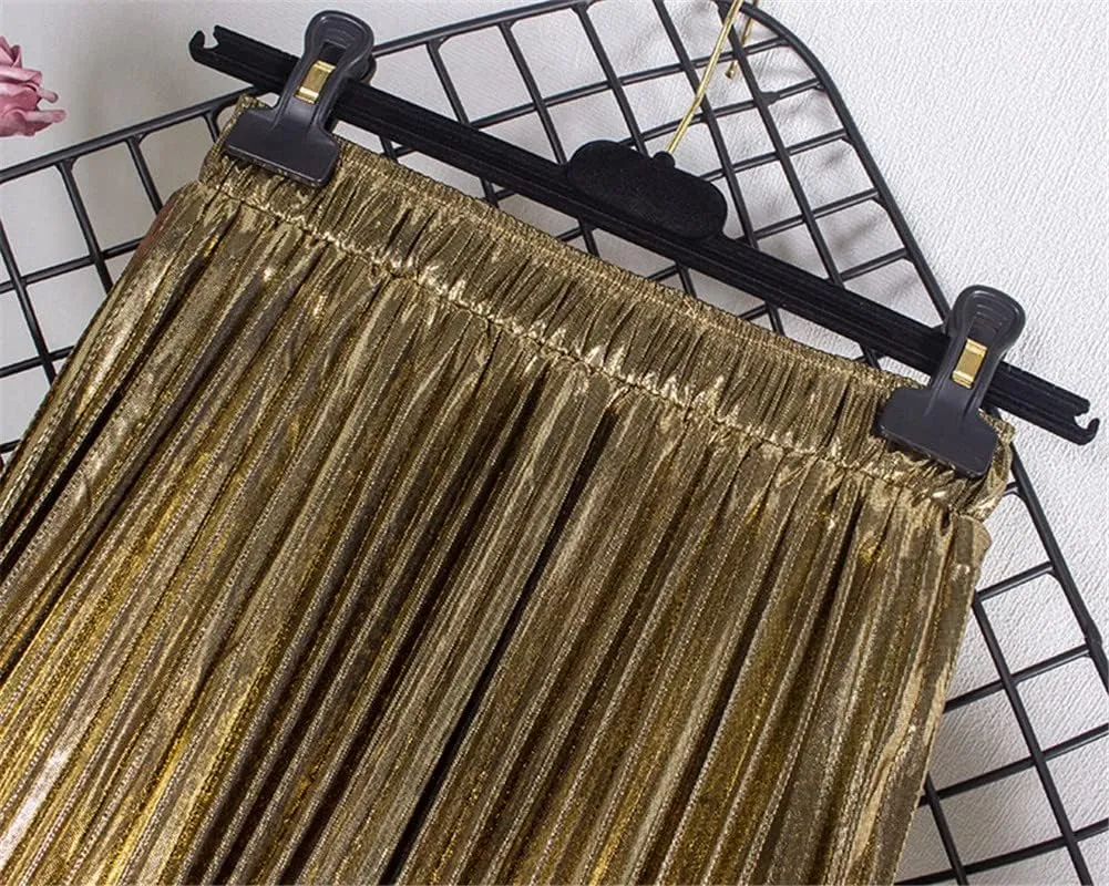 Youllyuu Elastic Waist Midi Skirt Women High Waist Silver Gold Solid Color Pleated Skirt