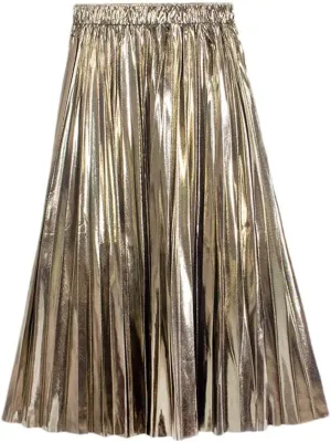 Youllyuu Elastic Waist Midi Skirt Women High Waist Silver Gold Solid Color Pleated Skirt