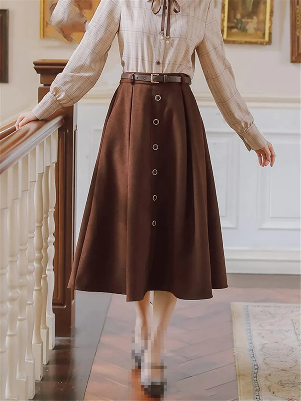 Youllyuu Spring A Line Single Breasted Decoration Women Midi Skirts Elastic Waist Skirt with Belt