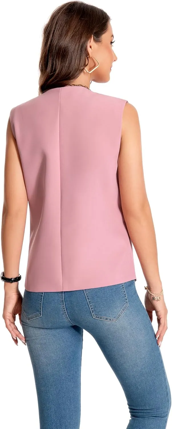 YYNUDA Women's Vest One Front Solid V Neck Casual Lightweight Sleeveless Blazer Waistcoat with Pockets