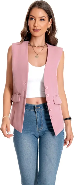 YYNUDA Women's Vest One Front Solid V Neck Casual Lightweight Sleeveless Blazer Waistcoat with Pockets