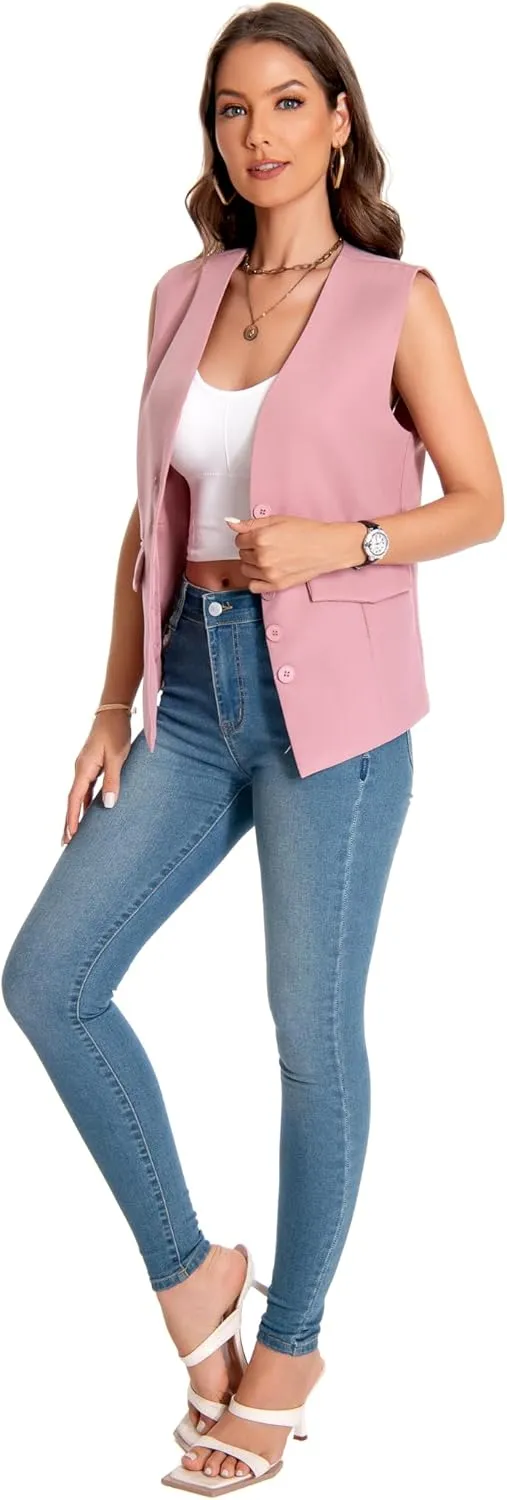 YYNUDA Women's Vest One Front Solid V Neck Casual Lightweight Sleeveless Blazer Waistcoat with Pockets