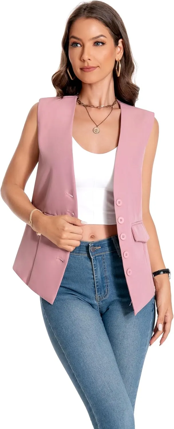 YYNUDA Women's Vest One Front Solid V Neck Casual Lightweight Sleeveless Blazer Waistcoat with Pockets