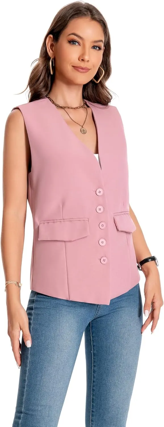 YYNUDA Women's Vest One Front Solid V Neck Casual Lightweight Sleeveless Blazer Waistcoat with Pockets