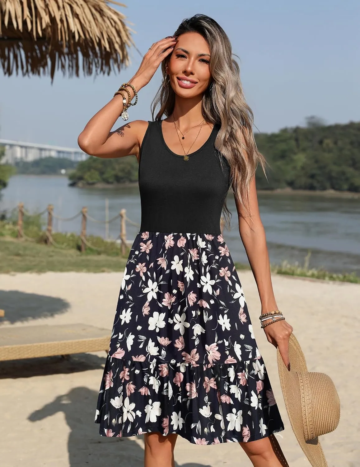 Zeagoo Women Summer Dresses Sleeveless Casual Tank Dress Flowy Tiered Short Beach Dresses Womens Sundress with Pockets