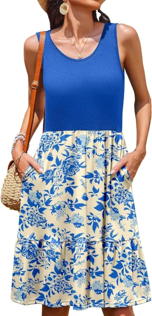 Zeagoo Women's Summer Dresses Casual Sleeveless Beach Dress Boho Floral Tank Dress Patchwork Aline Sundress Cruise Dresses for Women 2025, XXL