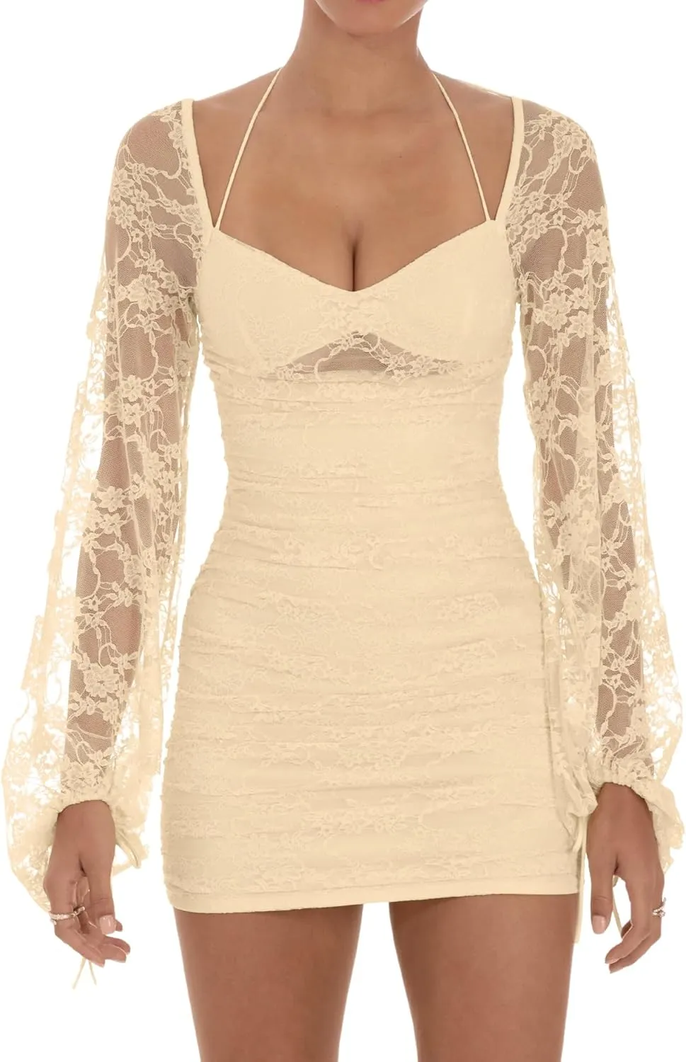 Zebaexf Women's Lace Mini Dress Mesh Dress Long Puff Sleeve Mini Bodycon Party Clubwear for Women