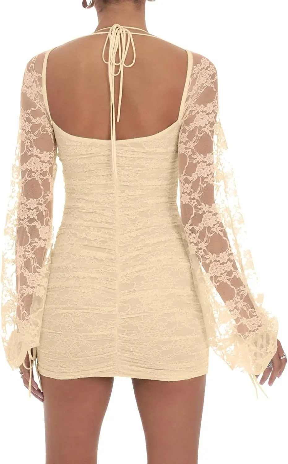 Zebaexf Women's Lace Mini Dress Mesh Dress Long Puff Sleeve Mini Bodycon Party Clubwear for Women