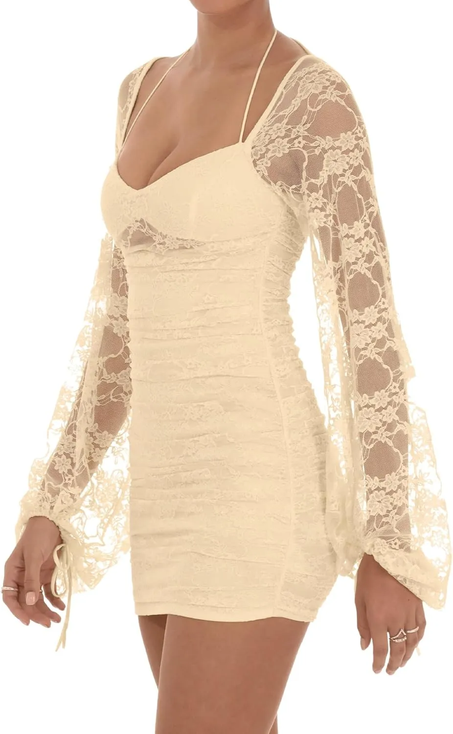 Zebaexf Women's Lace Mini Dress Mesh Dress Long Puff Sleeve Mini Bodycon Party Clubwear for Women