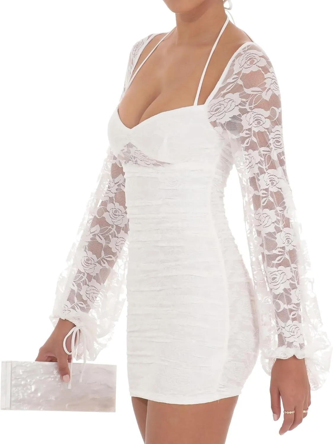 Zebaexf Women's Lace Mini Dress Mesh Dress Long Puff Sleeve Mini Bodycon Party Clubwear for Women