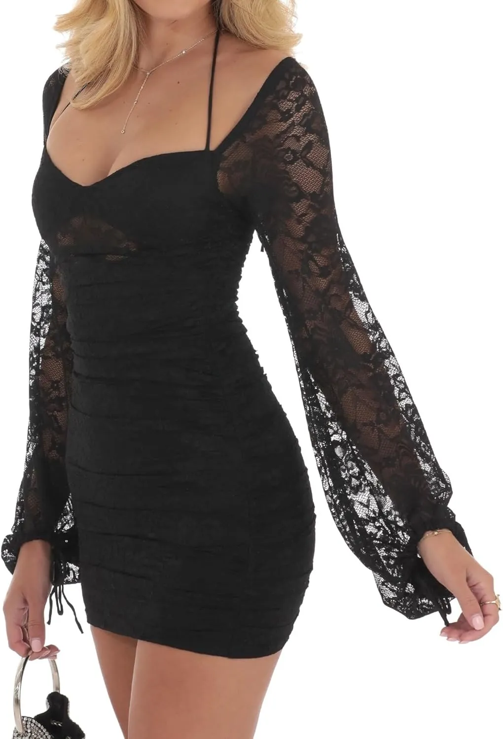 Zebaexf Women's Lace Mini Dress Mesh Dress Long Puff Sleeve Mini Bodycon Party Clubwear for Women